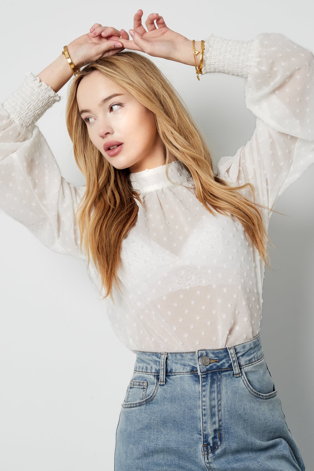 Polyester Vrouwen Lange Mouw Top Puff Sleeve Hoge Hals