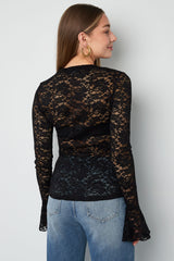 Woven Polyester Long Sleeve Tops Elegant Lace Panel