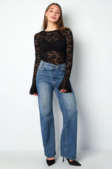 Woven Polyester Long Sleeve Tops Elegant Lace Panel