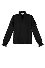 Polyester Vrouwen Lange Mouw Top Met Plooien V-Hals