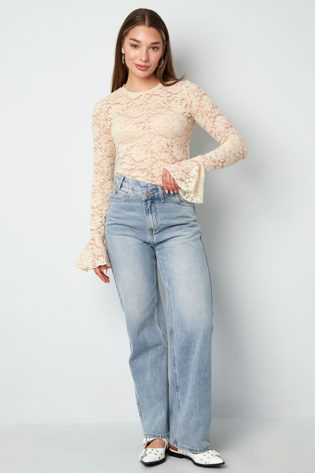 Woven Polyester Long Sleeve Tops Elegant Lace Panel