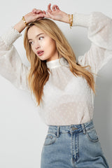 Polyester Vrouwen Lange Mouw Top Puff Sleeve Hoge Hals