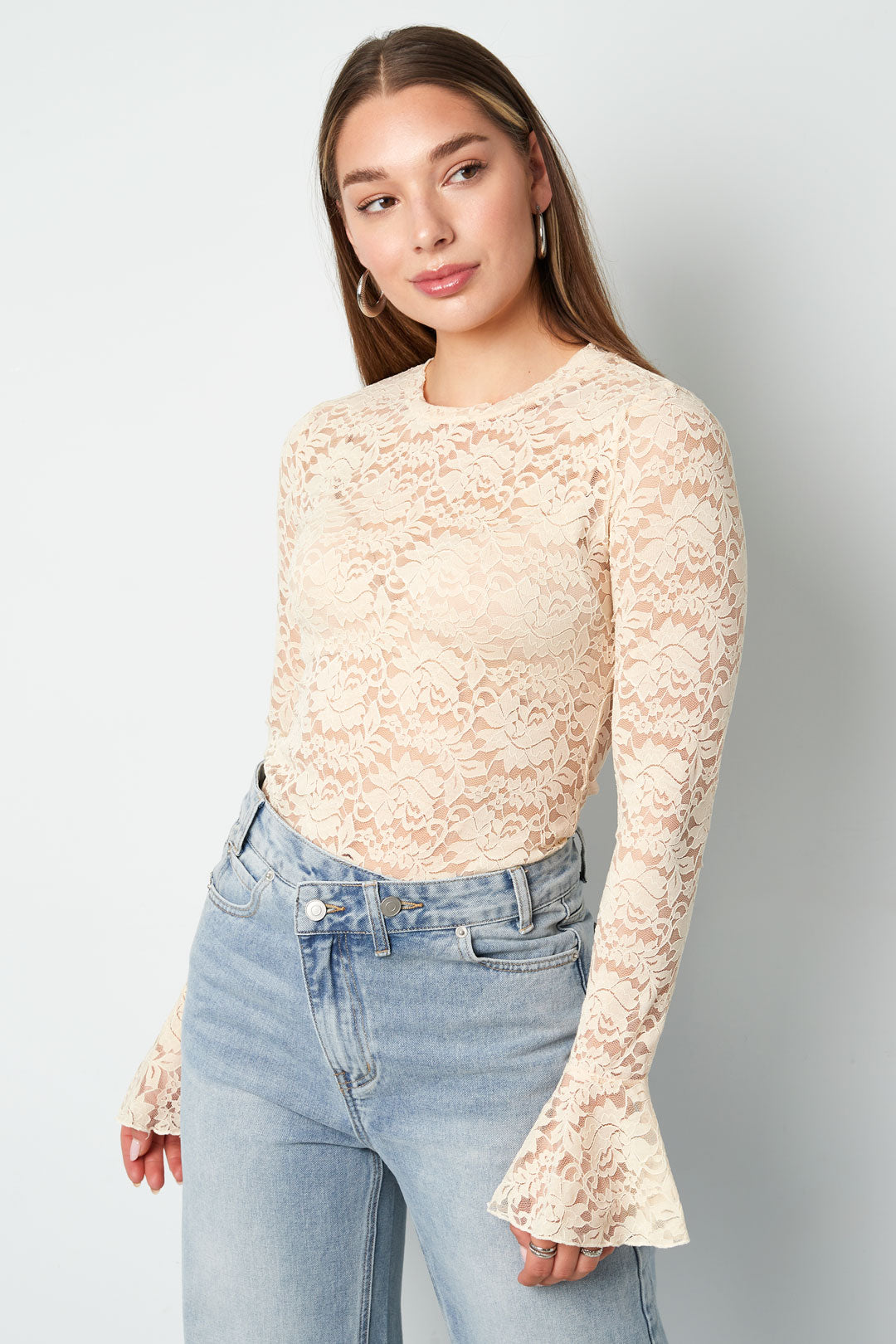 Woven Polyester Long Sleeve Tops Elegant Lace Panel